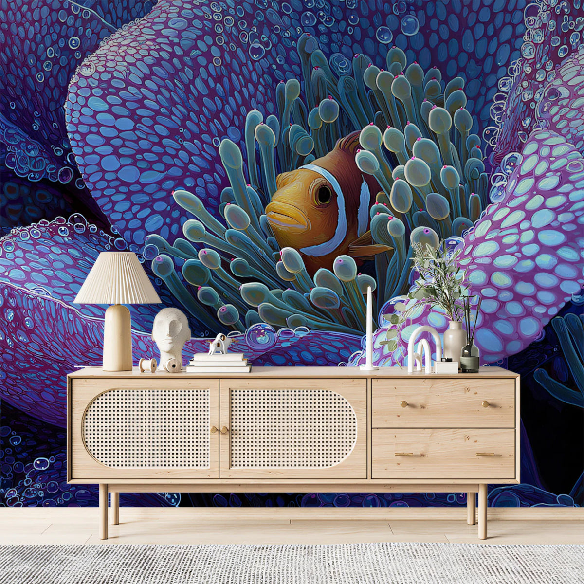Anemone and Clownfish Macro Mural Wallpaper — Electric Violet Mural Wallpaper - pure wallpaper artwork