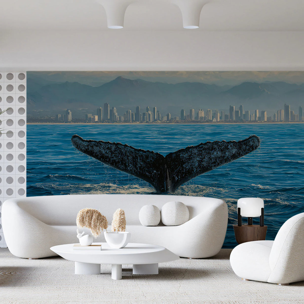 Humpback Whale and City Skyline Mural Wallpaper —Coastal Realism Mural Wallpaper - pure wallpaper artwork