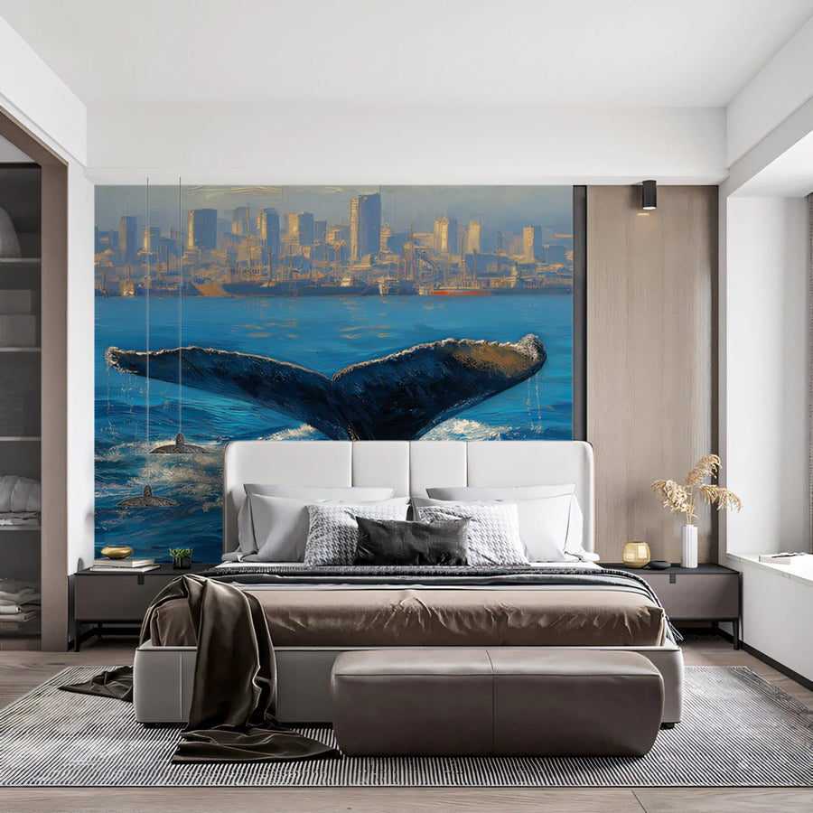 Whale Tail and City Skyline Mural Wallpaper — Artistic Oil Painting Mural Wallpaper