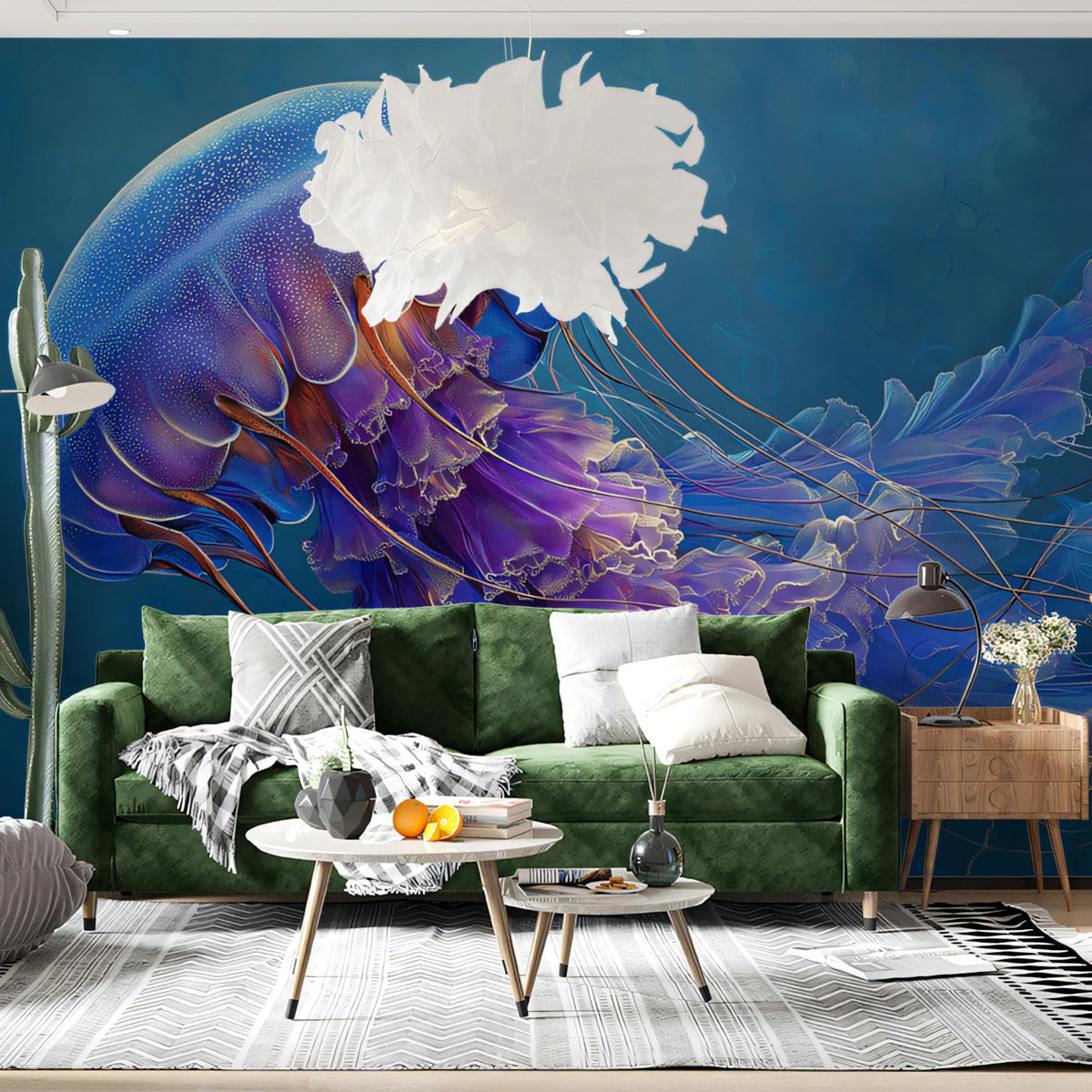 Bioluminescent Jellyfish Mural Wallpaper — Ethereal Ocean Deep Mural Wallpaper - pure wallpaper artwork