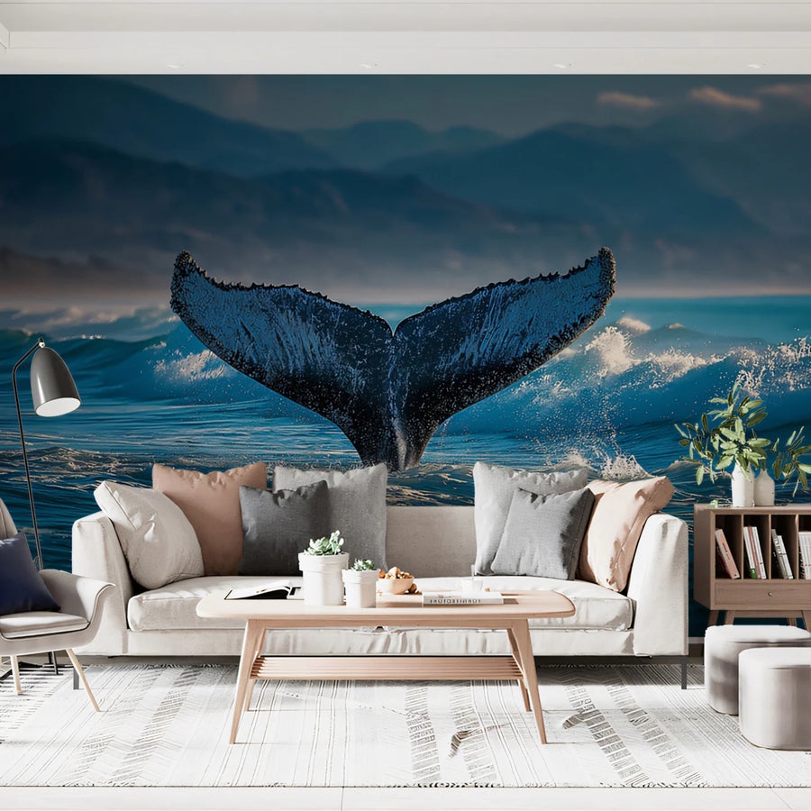 Humpback Whale Tail Ocean Mural Wallpaper —Coastal Nature Decor Mural Wallpaper
