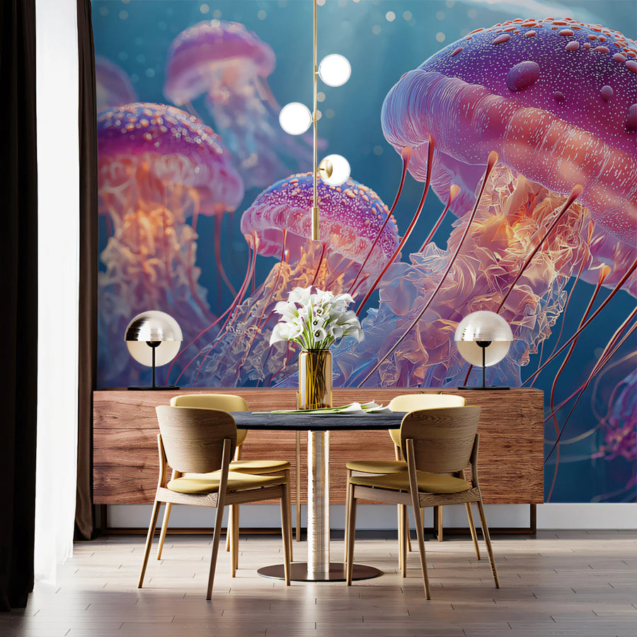 Bioluminescent Jellyfish Mural Wallpaper — Vibrant Aquatic Scene Mural Wallpaper