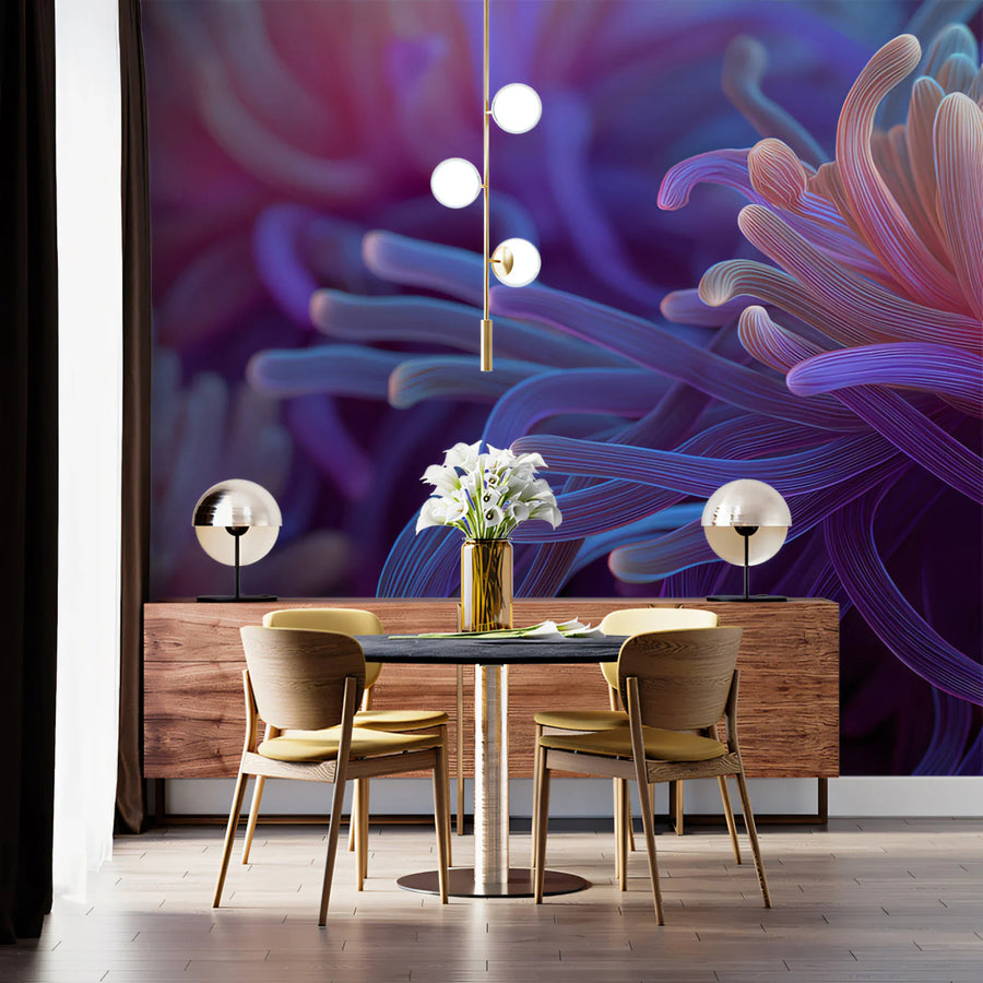 Bioluminescent Sea Anemone Mural Wallpaper — Macro Floral Fantasy Mural Wallpaper