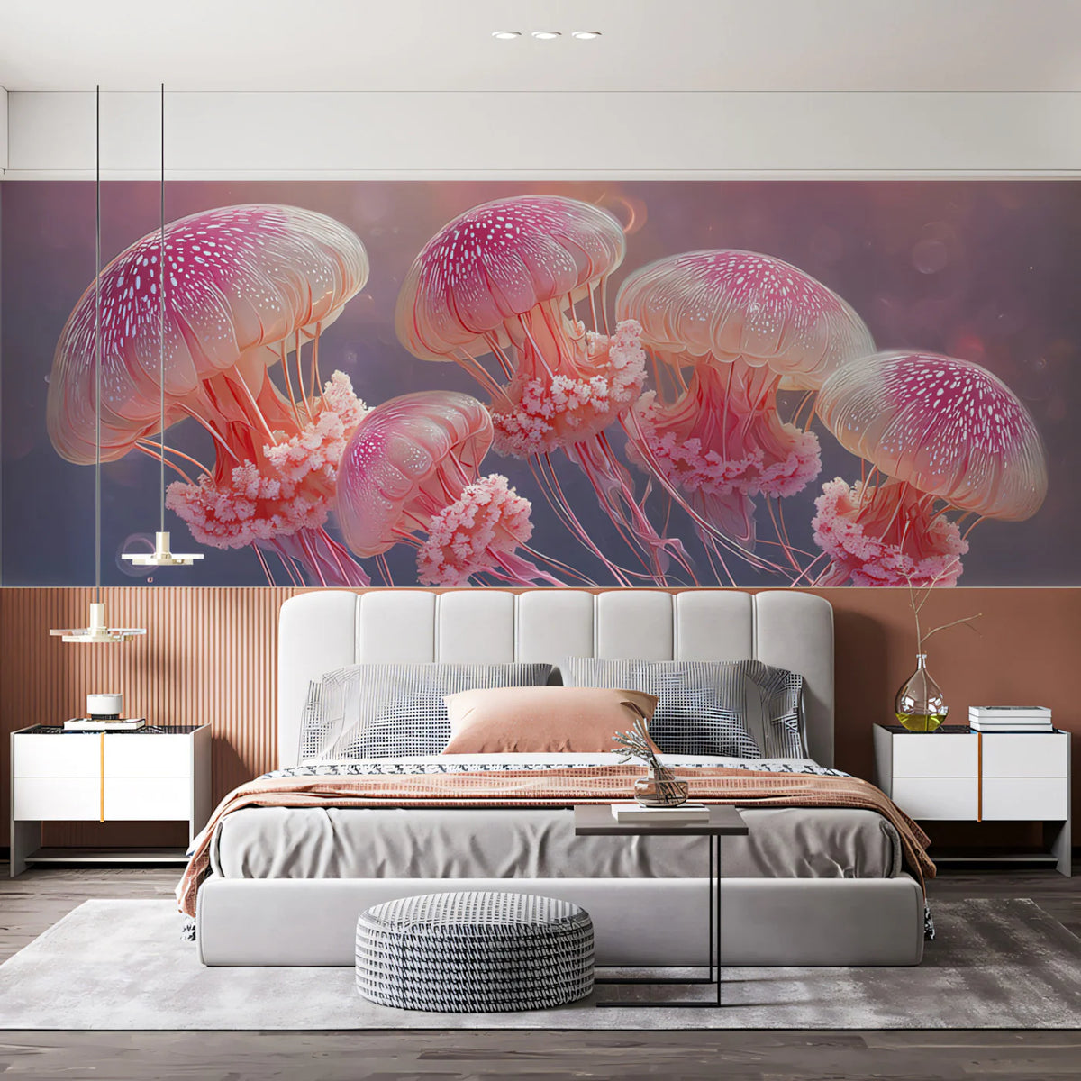 Floating Pink Jellyfish Mural Wallpaper — Ethereal Aquatic Scene Mural Wallpaper - pure wallpaper artwork