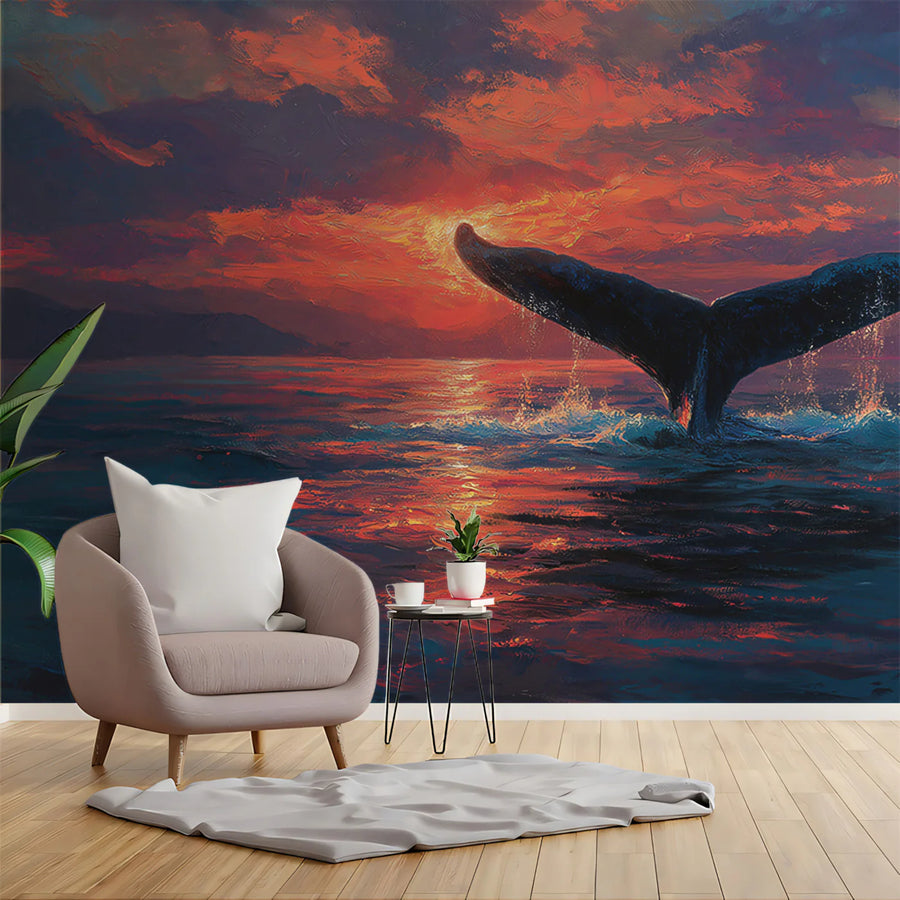 Sunset Whale Fluke Mural Wallpaper — Impressionistic Ocean Art Mural Wallpaper