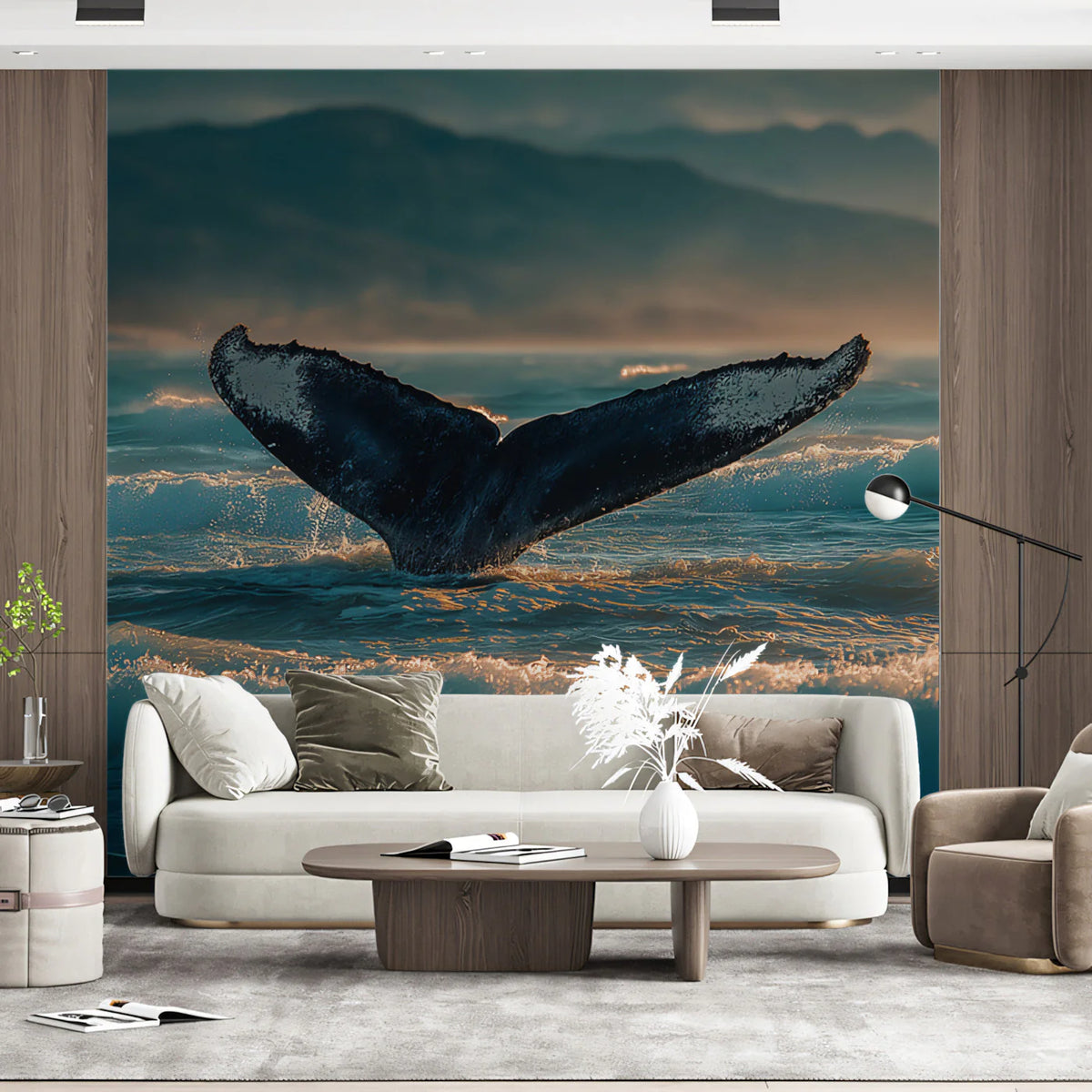 Whale Fluke Coastal Mural Wallpaper — Sunset Ocean Landscape Mural Wallpaper - pure wallpaper artwork
