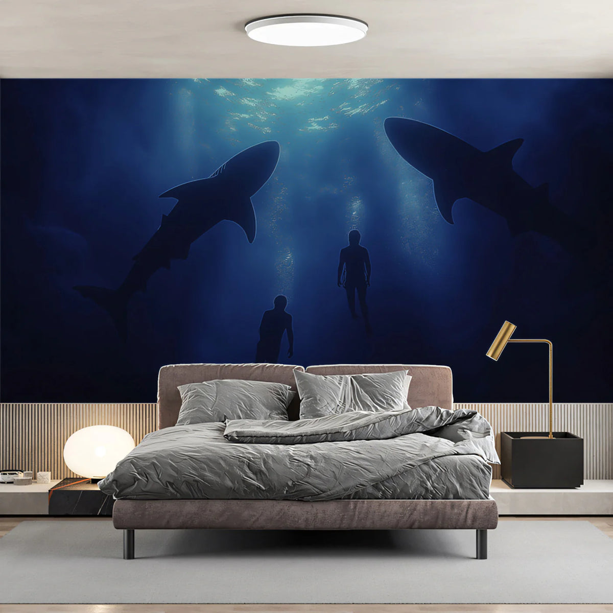 Deep Sea Shark and Swimmer Mural Wallpaper — Moody Underwater Scene Mural Wallpaper - pure wallpaper artwork