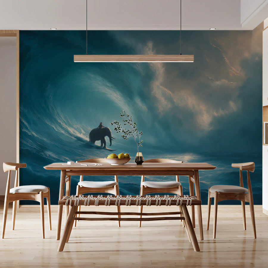 Elephant Surfing Giant Wave Mural Wallpaper — Moody Ocean Scene Mural Wallpaper