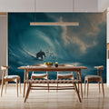 Elephant Surfing Giant Wave Mural Wallpaper — Moody Ocean Scene Mural Wallpaper - pure wallpaper artwork