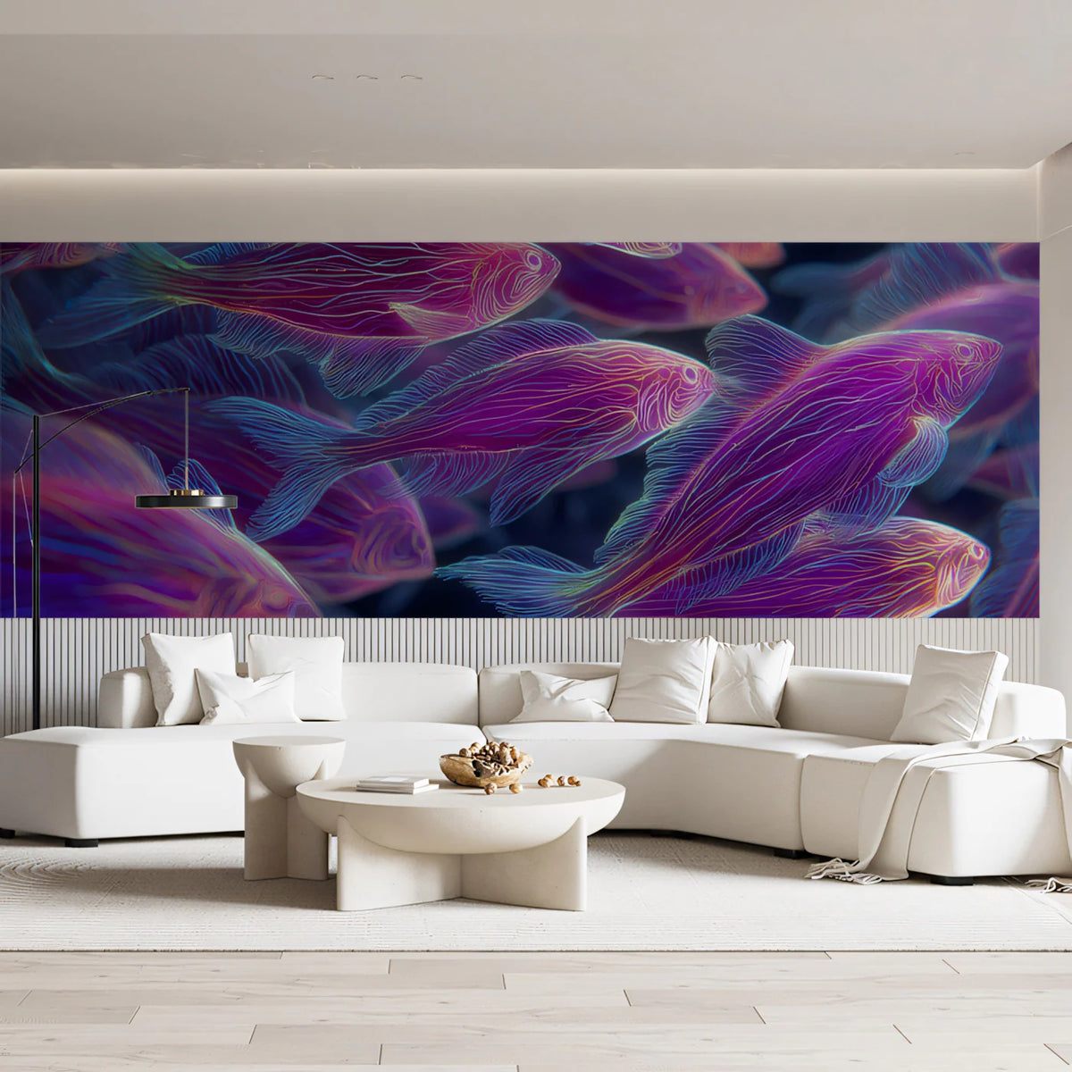 Neon School of Fish Mural Wallpaper in Electric Pink and Purple Mural Wallpaper - pure wallpaper artwork