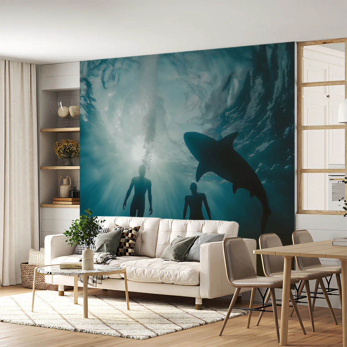 Deep Ocean Shark Silhouette Mural Wallpaper — Cinematic Underwater Mural Wallpaper - pure wallpaper artwork