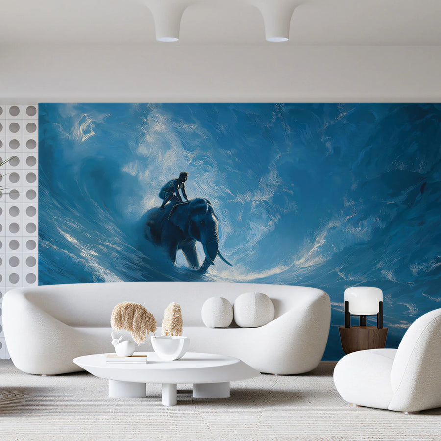 Surfing Elephant Oil Painting Mural — Expressive Ocean Blue Art Mural Wallpaper