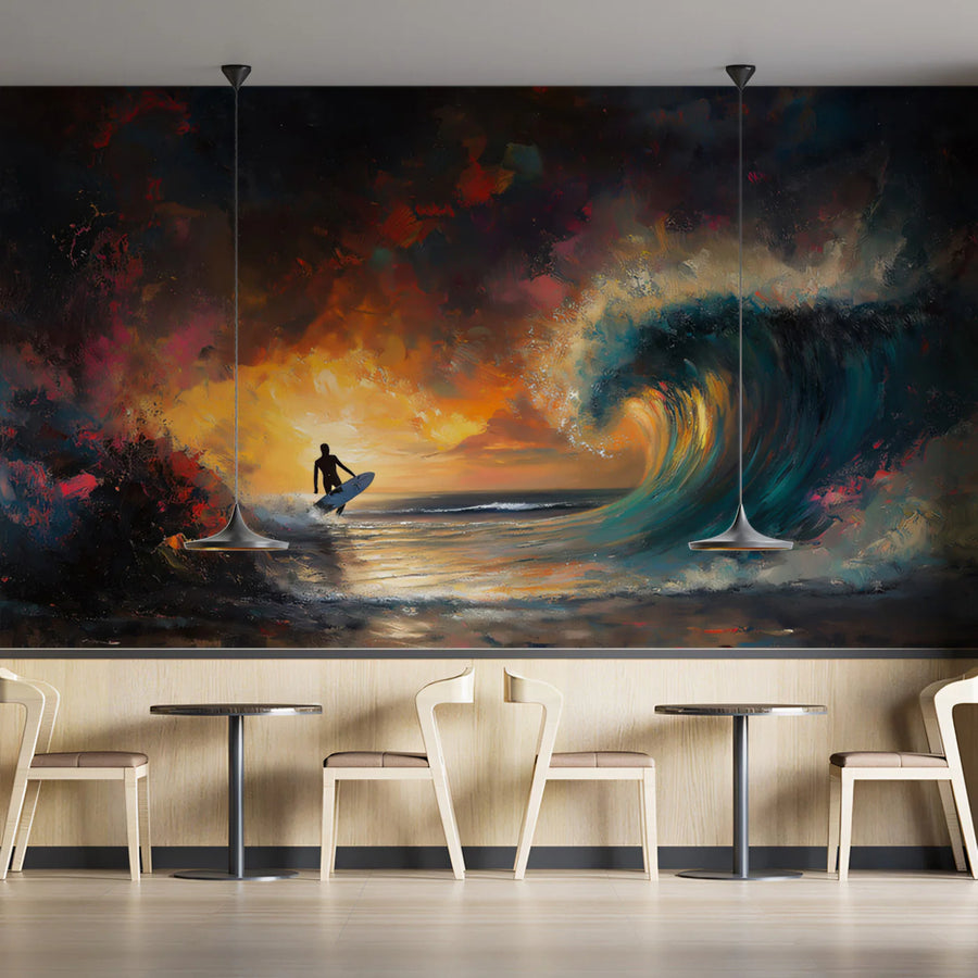 Psychedelic Sunset Wave Mural Wallpaper — Expressive Oil Painting Mural Wallpaper