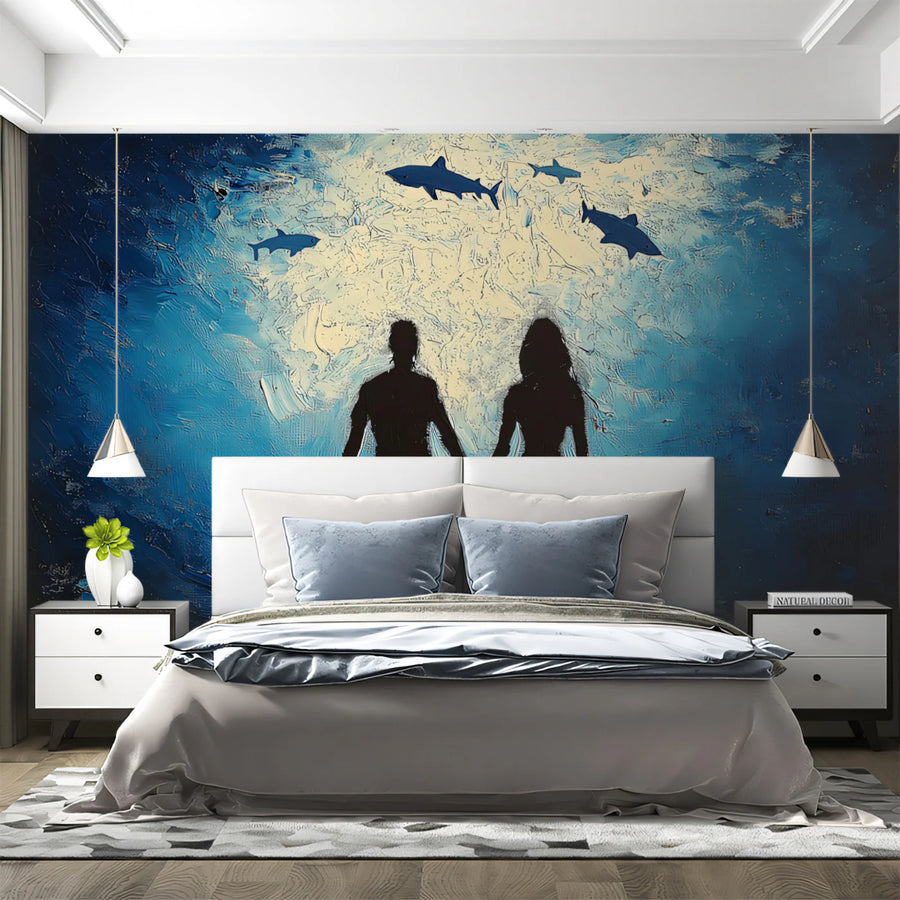 Deep Sea Couple Mural Wallpaper — Expressive Impasto Ocean Art Mural Wallpaper