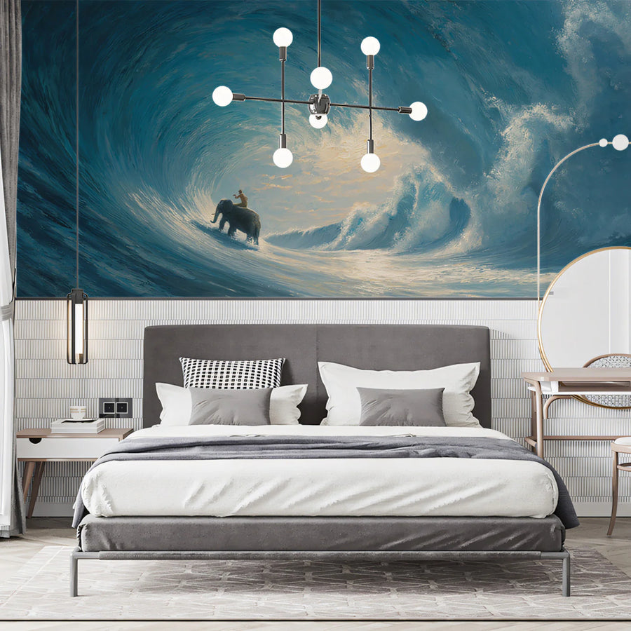 Elephant Surfing Barrel Mural Wallpaper — Expressive Oil Painting Mural Wallpaper