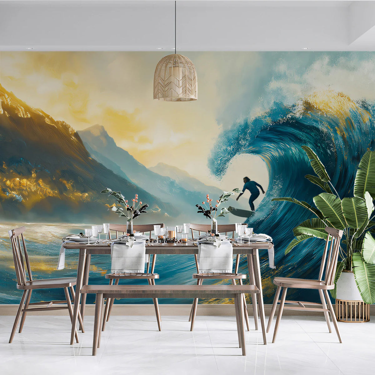 Surfer and Golden Mountain Mural Wallpaper — Coastal Impressionist Mural Wallpaper - pure wallpaper artwork