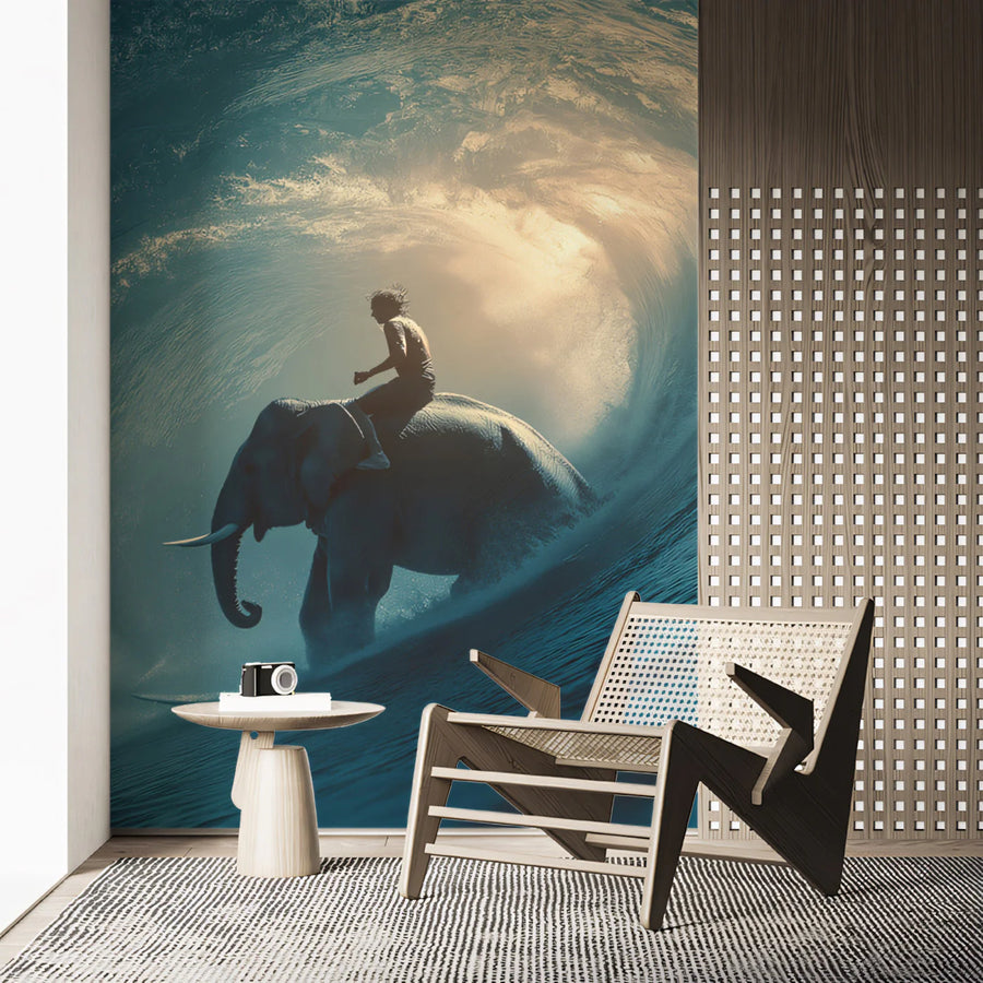Elephant Rider Wave Mural Wallpaper — Moody Deep Teal Ocean Scene Mural Wallpaper