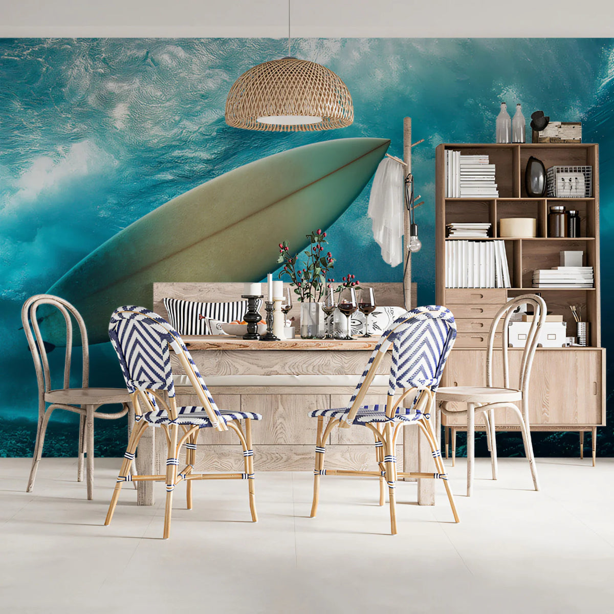 Submerged Surfboard Wave Mural Wallpaper — Moody Coastal Art Mural Wallpaper - pure wallpaper artwork