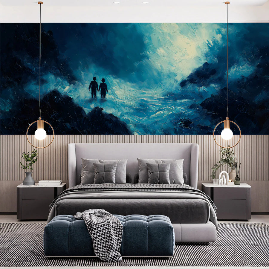 Silhouettes in Dark Water Gorge Mural Wallpaper — Abstract Oil Painting Mural Wallpaper