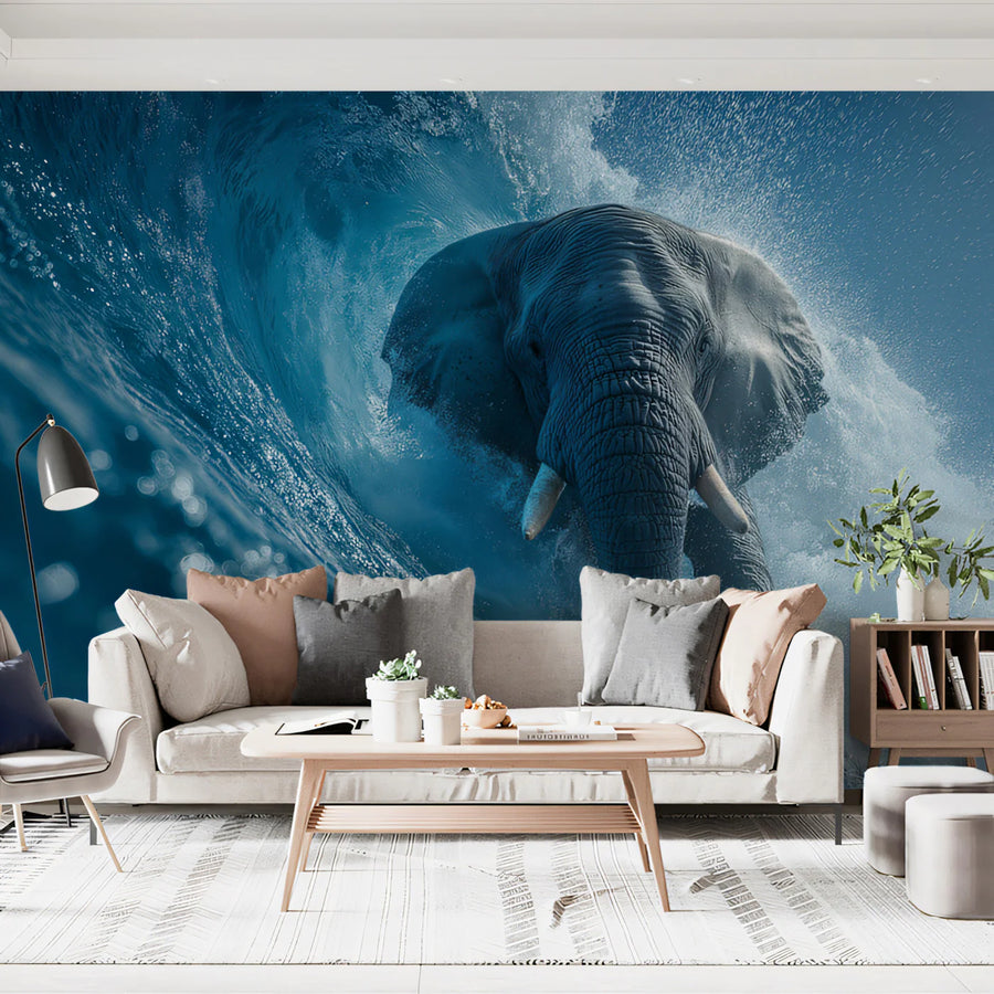 Elephant Surfing Barrel Wave Mural Wallpaper —Dynamic Marine Scene Mural Wallpaper