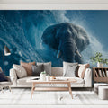 Elephant Surfing Barrel Wave Mural Wallpaper —Dynamic Marine Scene Mural Wallpaper - pure wallpaper artwork