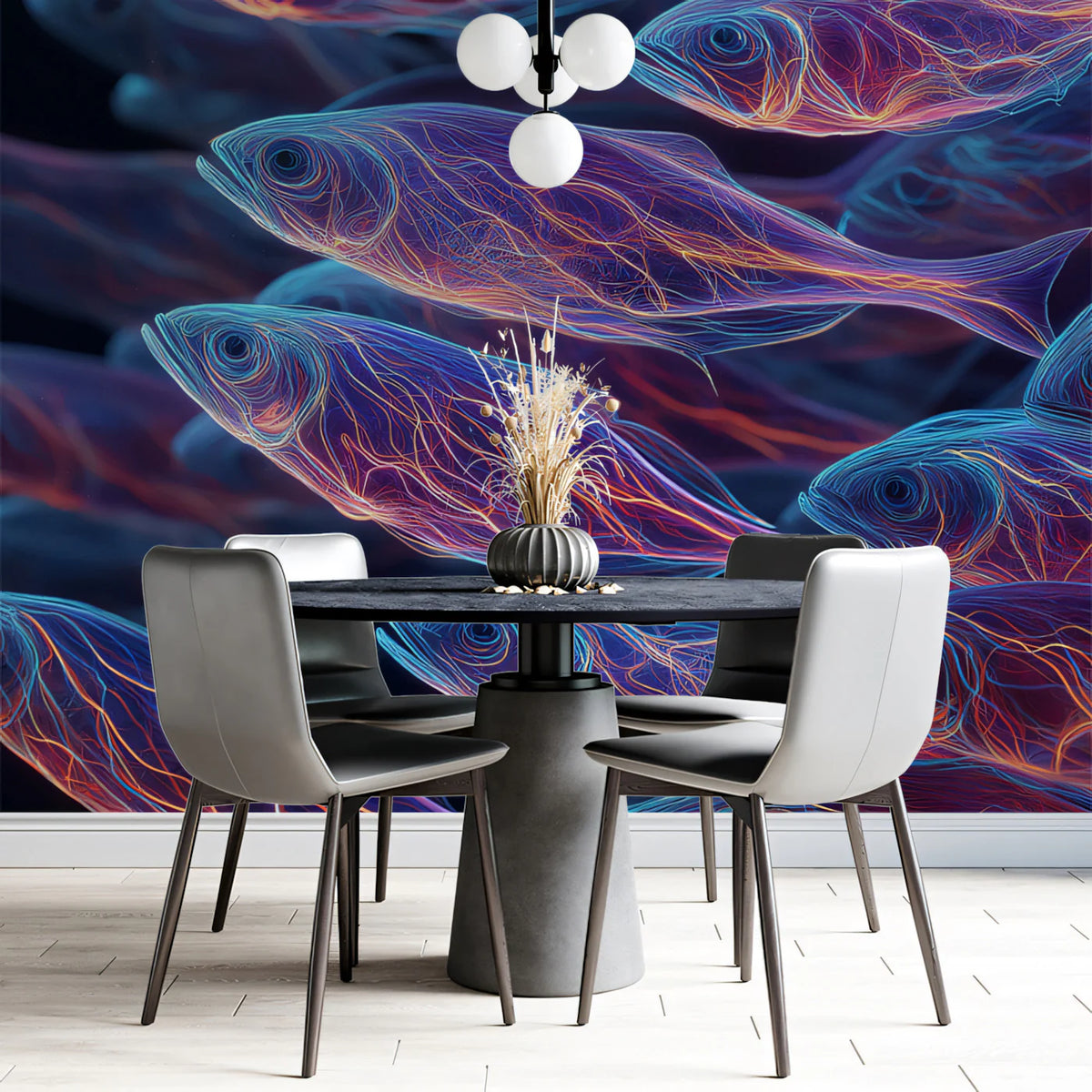 Neon School of Fish Mural Wallpaper — Abstract Bioluminescent Art Mural Wallpaper - pure wallpaper artwork
