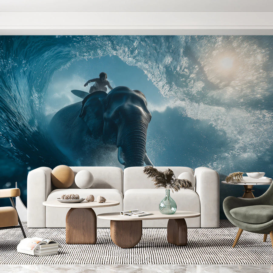 Elephant Surfer Ocean Wave Mural Wallpaper — Dynamic Marine Scene Mural Wallpaper