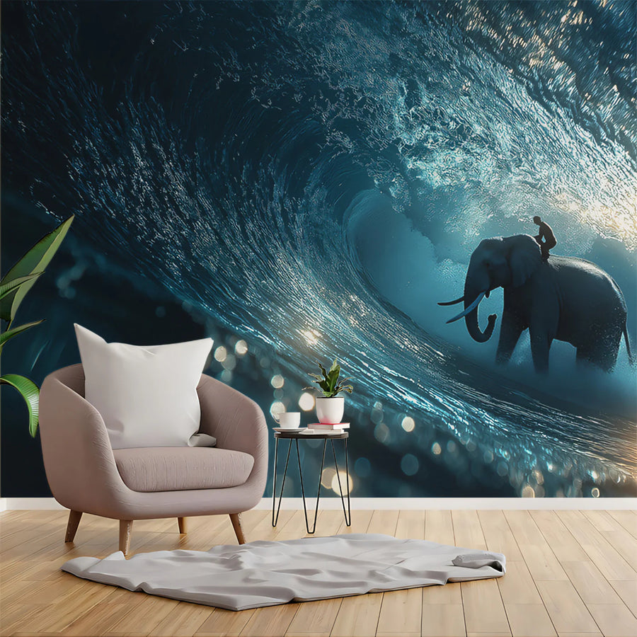 Surreal Elephant Surfing Wave Mural Wallpaper — Cinematic Ocean Art Mural Wallpaper