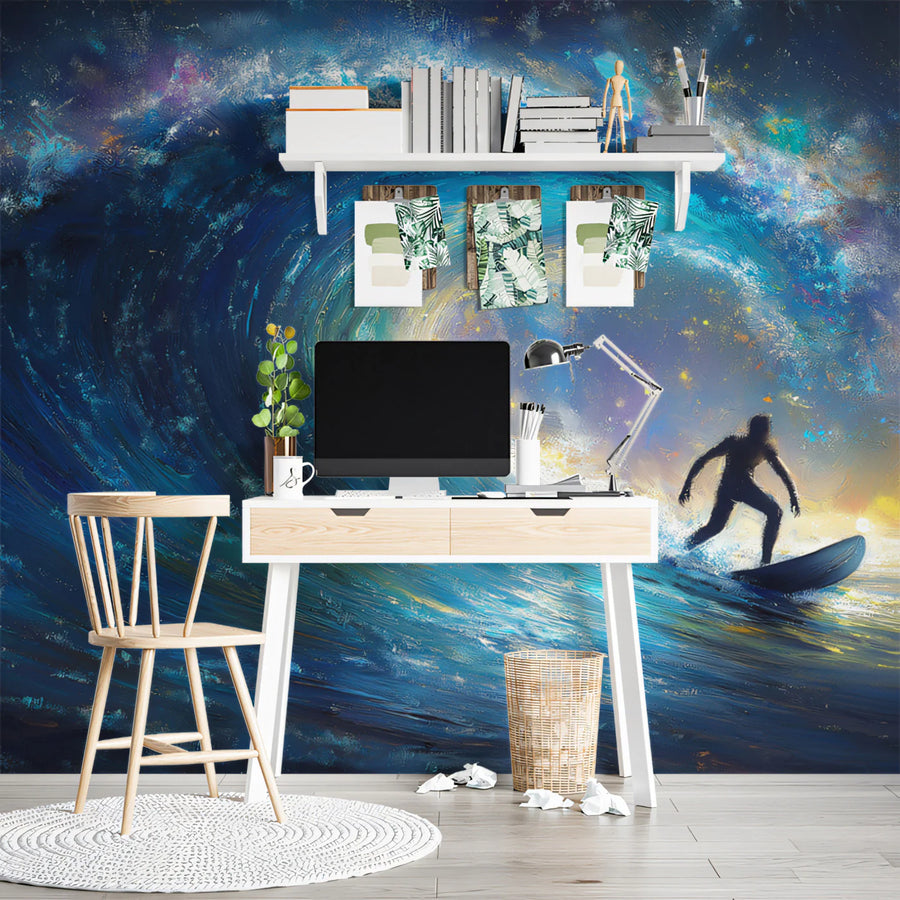 Cosmic Surfer Wave Mural Wallpaper — Impressionist Night Ocean Scene Mural Wallpaper