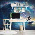 Cosmic Surfer Wave Mural Wallpaper — Impressionist Night Ocean Scene Mural Wallpaper - pure wallpaper artwork