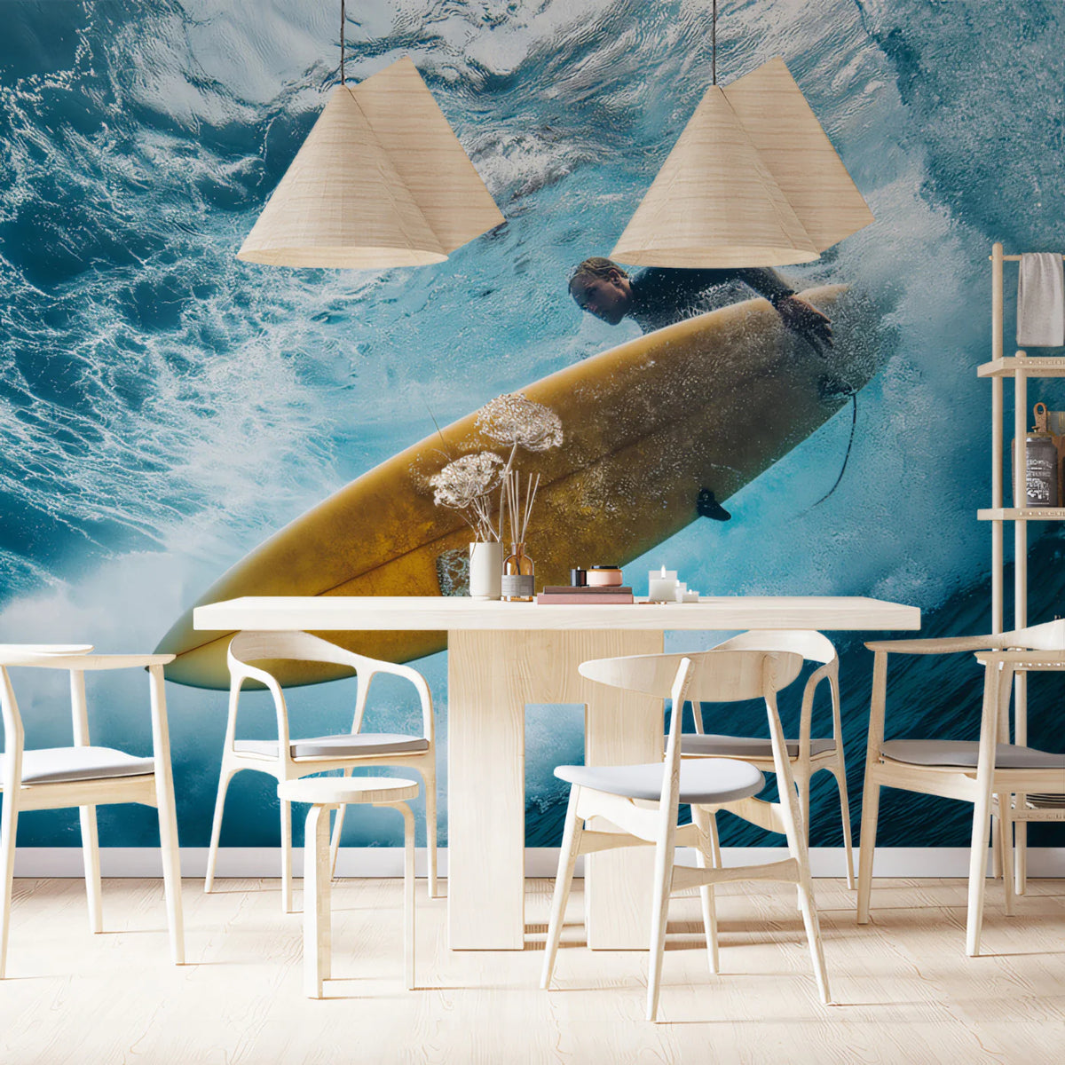Submerged Surfer Mural Wallpaper — Dynamic Ocean Wave Mural Wallpaper - pure wallpaper artwork
