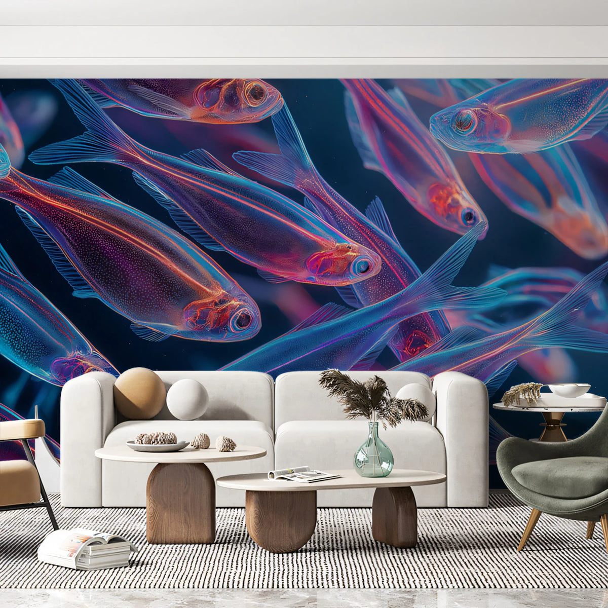 Neon Bioluminescent School of Fish Mural Wallpaper - pure wallpaper artwork