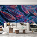 Neon Bioluminescent School of Fish Mural Wallpaper - pure wallpaper artwork