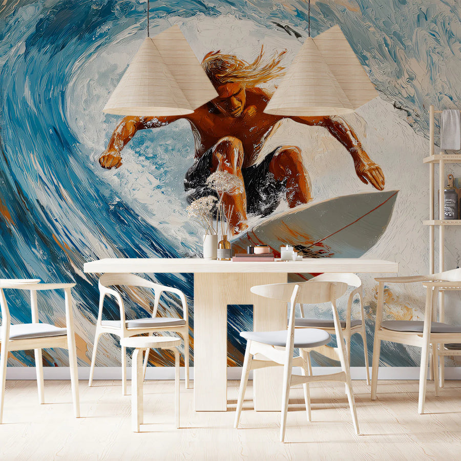 Surfer Wave Impasto Oil Painting Mural — Coastal Action Decor Mural Wallpaper