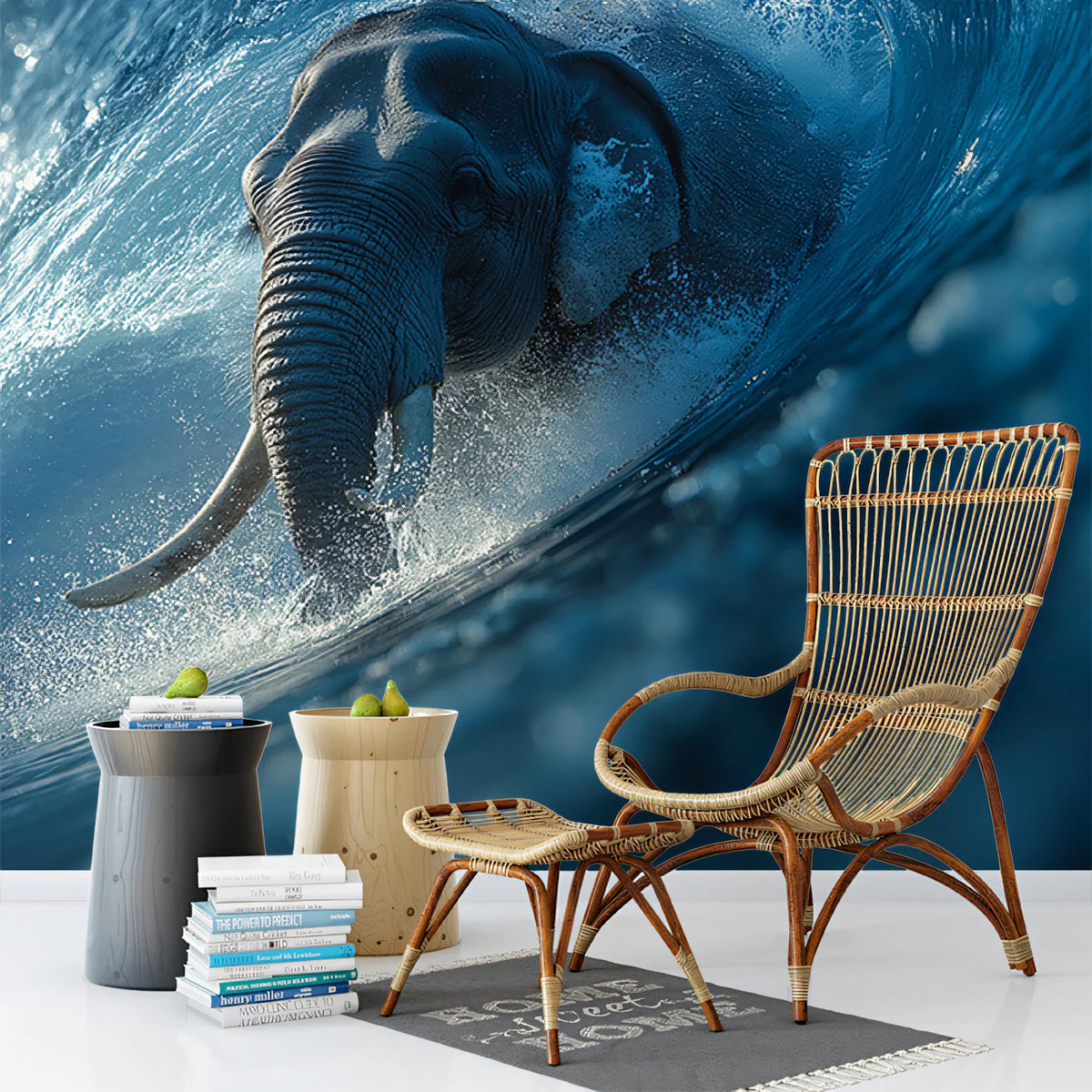Elephant Surfing Barrel Wave Mural Wallpaper — Energetic Surrealism Mural Wallpaper - pure wallpaper artwork