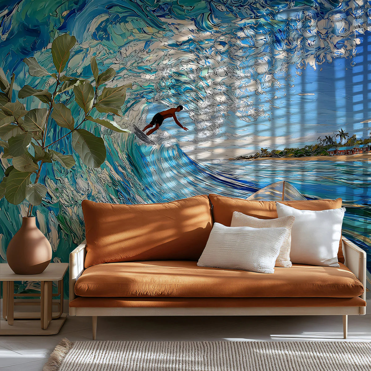 Impasto Surf Wave Mural Wallpaper — Energetic Coastal Art Mural Wallpaper - pure wallpaper artwork