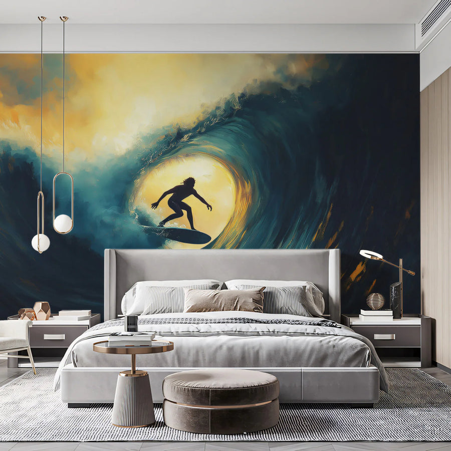 Golden Barrel Surf Mural Wallpaper — Dramatic Coastal Wall Art Mural Wallpaper