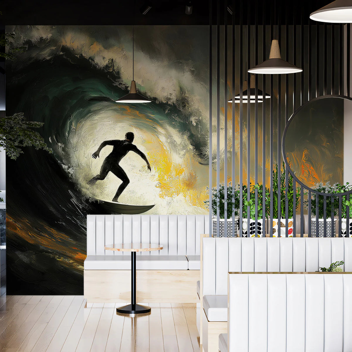 Barrel Wave Surfer Mural Wallpaper —Moody Oil Painting Style Mural Wallpaper - pure wallpaper artwork