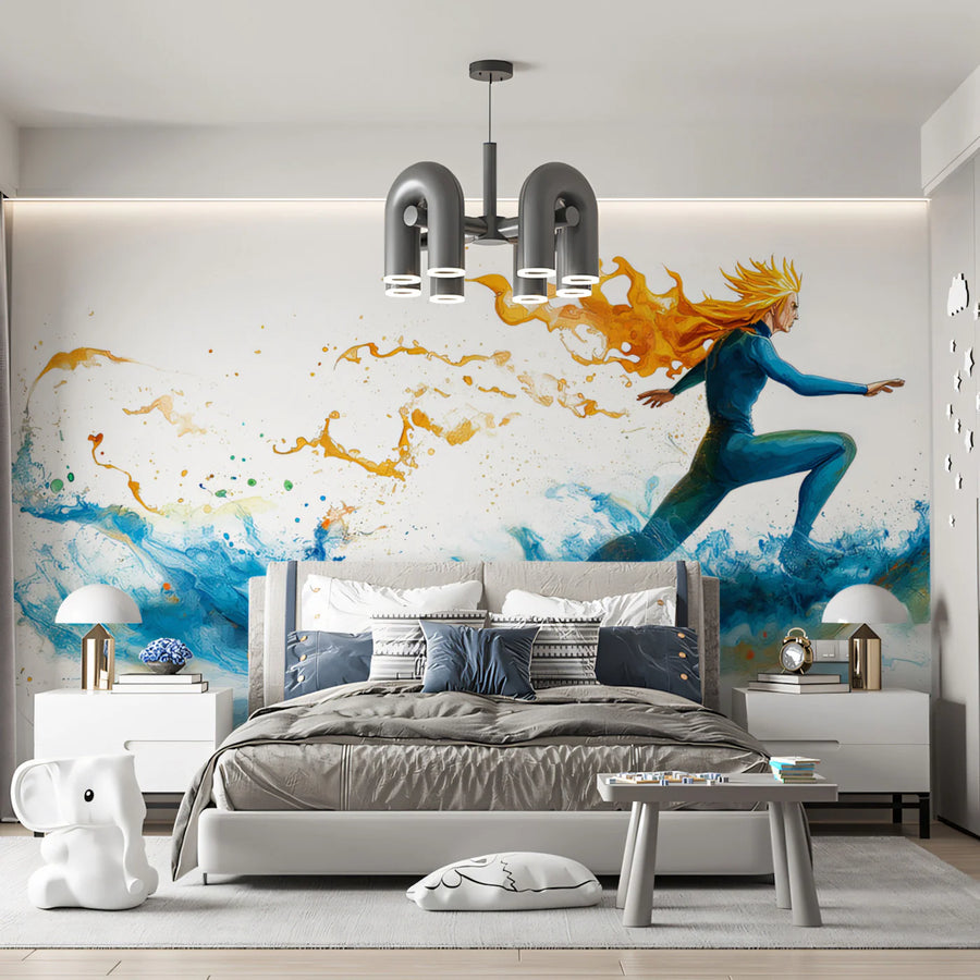 Abstract Surfer Mural Wallpaper with Fiery Hair in Watercolor Mural Wallpaper