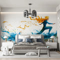 Abstract Surfer Mural Wallpaper with Fiery Hair in Watercolor Mural Wallpaper - pure wallpaper artwork