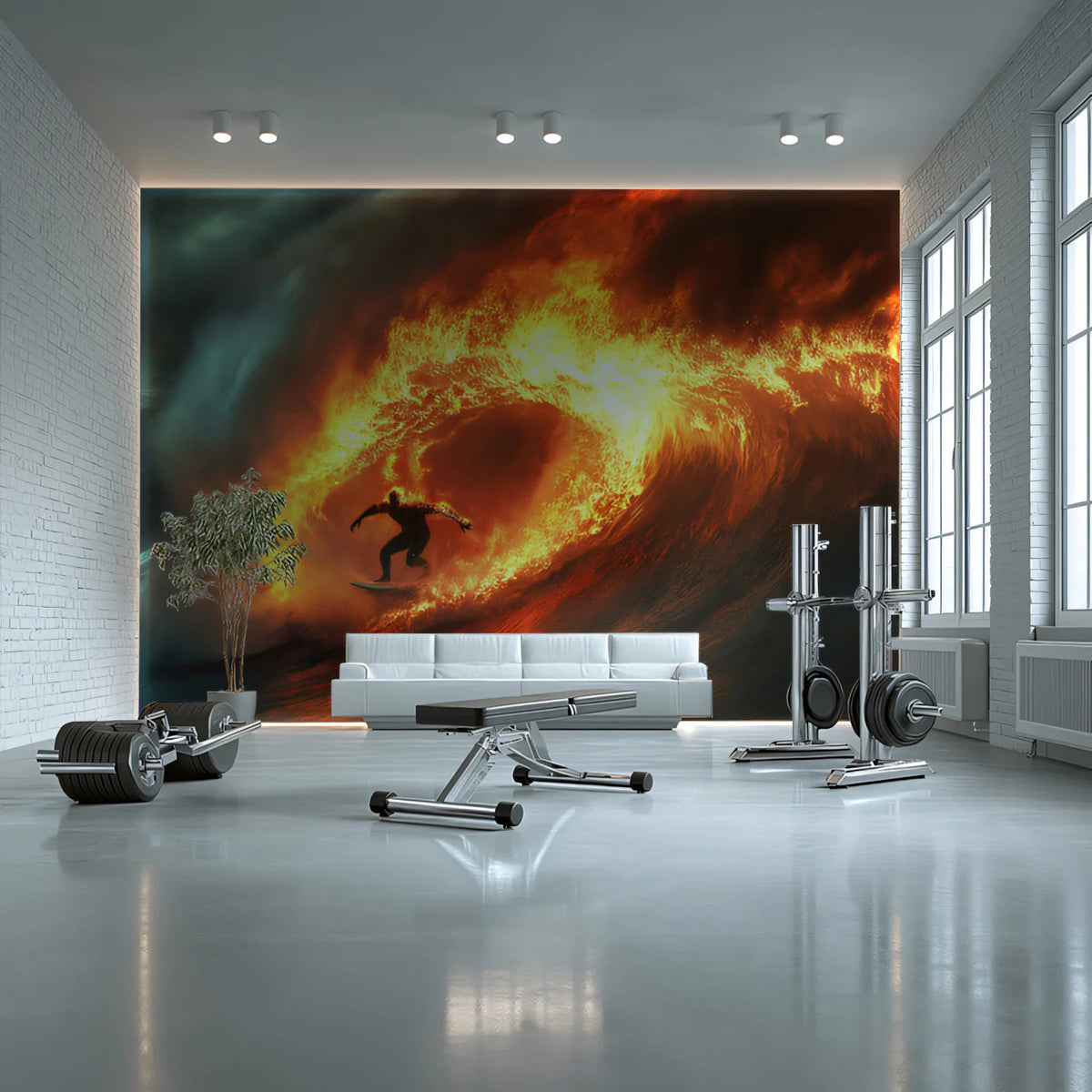 Fiery Barrel Wave Surfing Mural Wallpaper — High-Impact Action Mural Wallpaper - pure wallpaper artwork