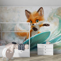 Surfing Fox Animal Mural Wallpaper — Whimsical Coastal Art Mural Wallpaper - pure wallpaper artwork