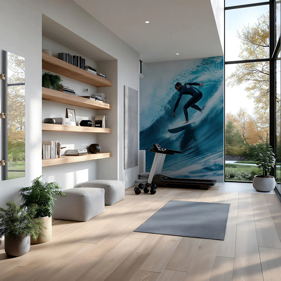 Turquoise Barrel Wave Action Mural Wallpaper — Energetic Coastal Art Mural Wallpaper