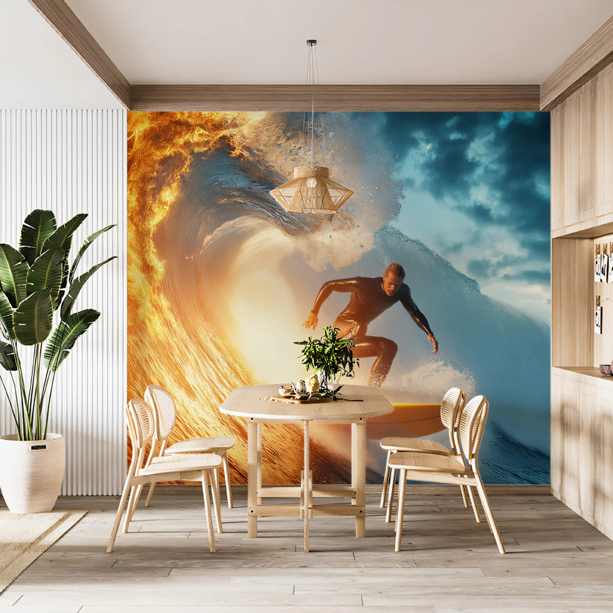 Fire and Water Barrel Wave Mural Wallpaper — High Energy Contrast Mural Wallpaper - pure wallpaper artwork