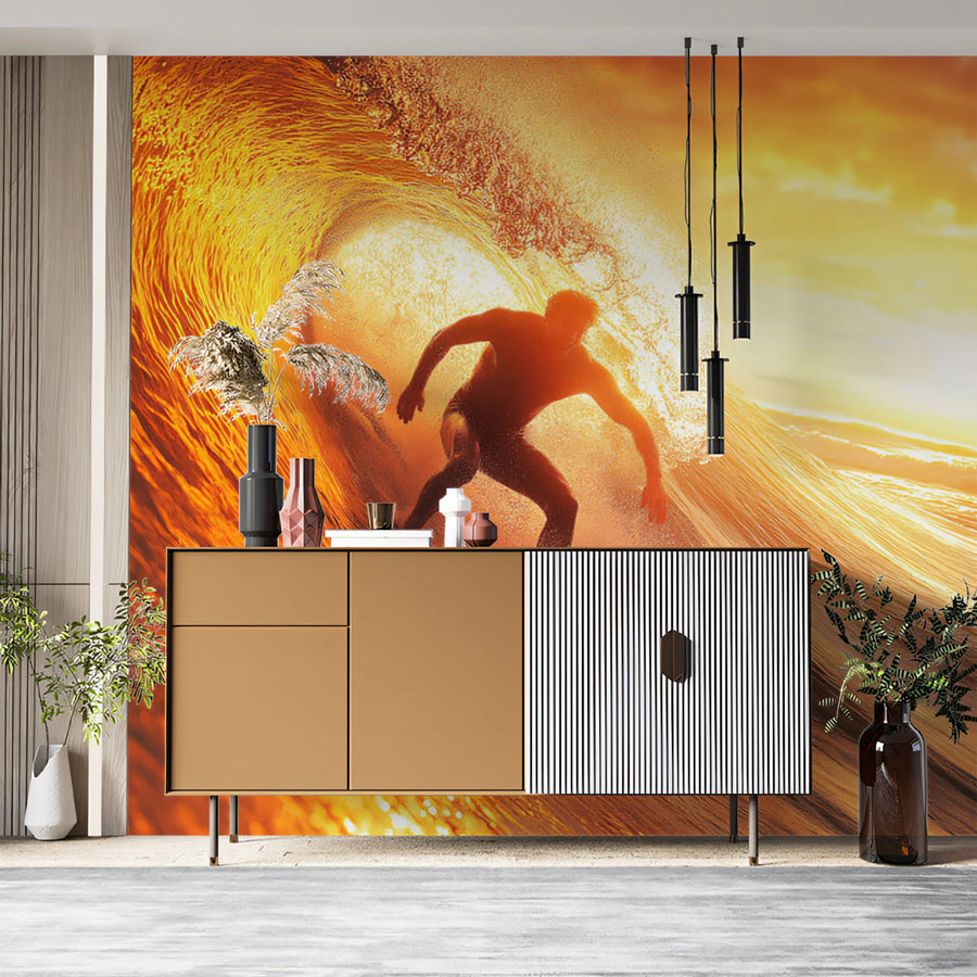 Golden Sunset Surfer Mural Wallpaper — Dramatic Ocean Wave Scene Mural Wallpaper