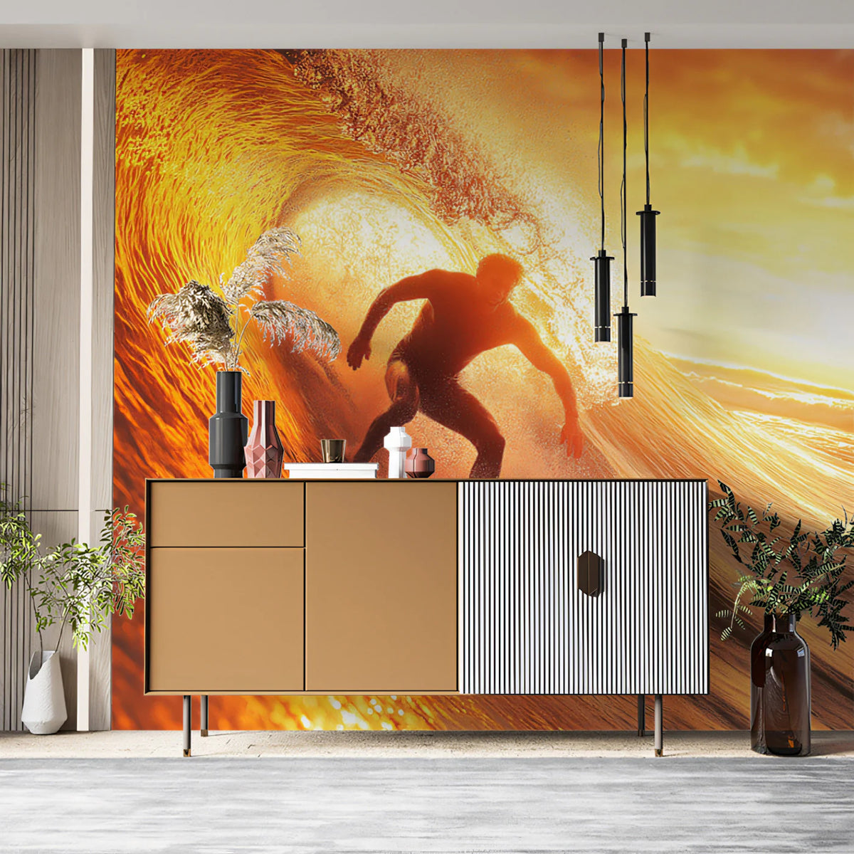 Golden Sunset Surfer Mural Wallpaper — Dramatic Ocean Wave Scene Mural Wallpaper - pure wallpaper artwork