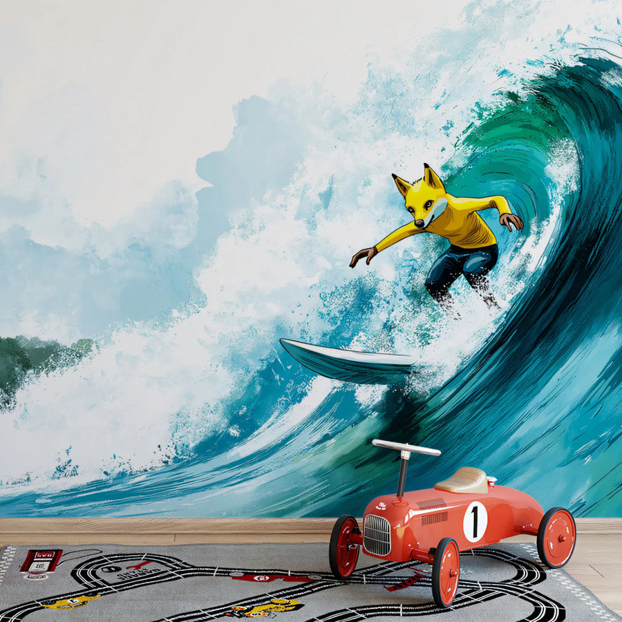 Surfing Fox Wave Mural Wallpaper — Energetic Coastal Illustration Mural Wallpaper