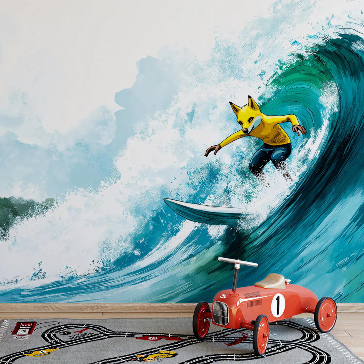 Surfing Fox Wave Mural Wallpaper — Energetic Coastal Illustration Mural Wallpaper - pure wallpaper artwork