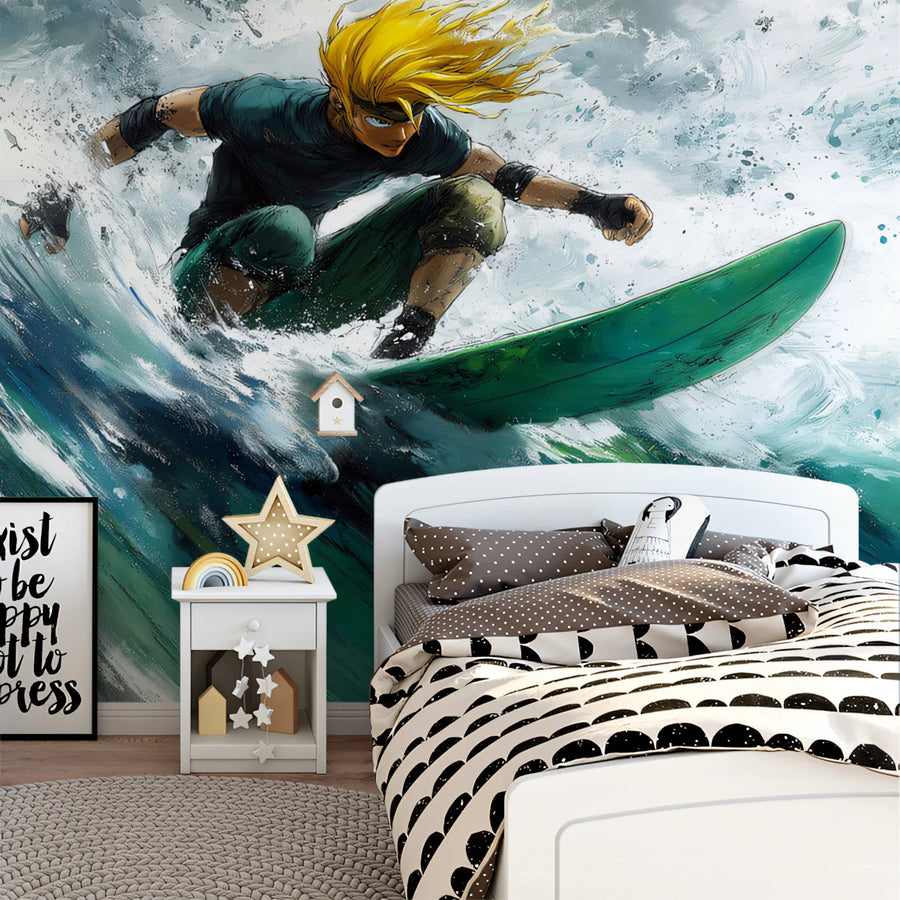 Anime Surfer Action Mural Wallpaper — High Energy Coastal Art Mural Wallpaper