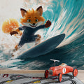 Surfing Fox Illustration Mural Wallpaper — Playful Coastal Art Mural Wallpaper - pure wallpaper artwork
